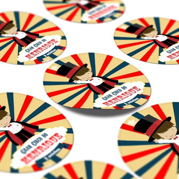 60 Adesivos Latinhas Personalizado Circo Lembrancinha 5x5