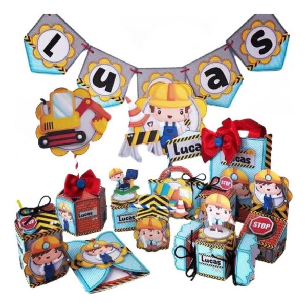 Kit 30 Caixas Personalizadas + Topo Bolo Festa Construtor 7
