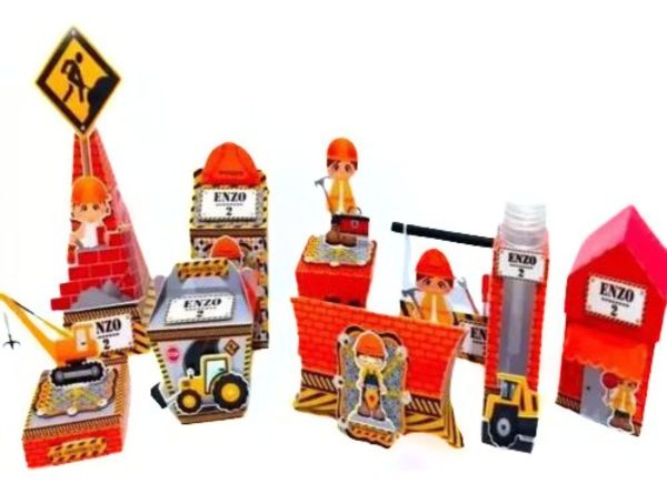 Kit 30 Caixas Personalizadas + Topo Bolo Festa Construtor 2