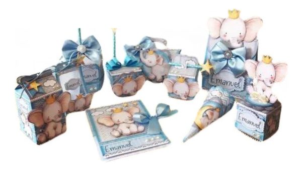 Kit 30 Caixas Personalizadas + Topo Bolo Festa Elefante Az 6